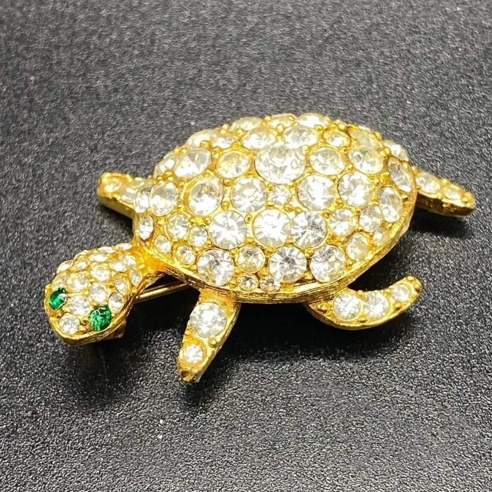Gold tone rhinestone turtle tortoise pin brooch with green glass eyes gorgeous